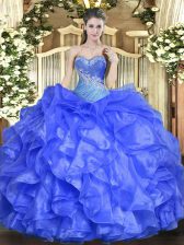 Suitable Sweetheart Sleeveless Ball Gown Prom Dress Floor Length Beading and Ruffles Blue Organza