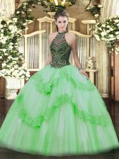 Chic Lace Up Halter Top Beading and Appliques Ball Gown Prom Dress Taffeta and Tulle Sleeveless