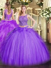  Lavender Scoop Neckline Beading and Ruffles Quince Ball Gowns Sleeveless Lace Up