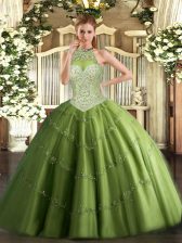 Modest Sleeveless Floor Length Beading and Appliques Lace Up 15 Quinceanera Dress with Olive Green