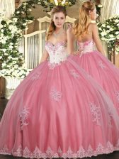  Watermelon Red Sleeveless Floor Length Beading and Appliques Lace Up Ball Gown Prom Dress