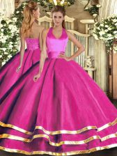  Fuchsia Ball Gowns Tulle Halter Top Sleeveless Ruffled Layers Floor Length Lace Up Sweet 16 Dress
