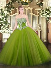  Olive Green Tulle Lace Up Vestidos de Quinceanera Sleeveless Floor Length Beading