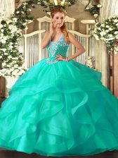 Affordable Turquoise Lace Up 15th Birthday Dress Beading and Ruffles Sleeveless Floor Length