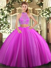 Noble Fuchsia Sleeveless Floor Length Beading Criss Cross Quinceanera Gowns