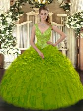 Custom Design Sleeveless Zipper Floor Length Beading and Ruffles 15th Birthday Dress