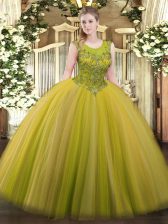 Custom Fit Sleeveless Tulle Floor Length Zipper 15 Quinceanera Dress in Brown with Beading