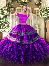  Off The Shoulder Short Sleeves Zipper Quinceanera Dresses Eggplant Purple Organza and Taffeta