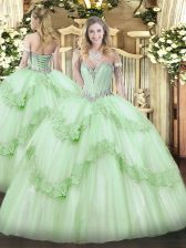 Fantastic Apple Green Sleeveless Floor Length Beading and Appliques Lace Up Quinceanera Gowns