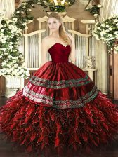  Wine Red Zipper Sweetheart Embroidery and Ruffles Vestidos de Quinceanera Organza and Taffeta Sleeveless
