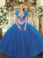 Pretty Tulle Sweetheart Sleeveless Lace Up Beading Ball Gown Prom Dress in Blue