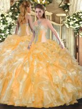 Fabulous Floor Length Gold Quinceanera Dress Organza Sleeveless Beading and Ruffles