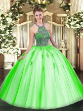 Colorful Lace Up Halter Top Beading Quince Ball Gowns Tulle Sleeveless