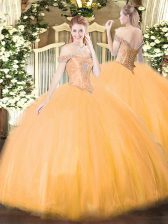 Fancy Sleeveless Tulle Floor Length Lace Up 15 Quinceanera Dress in Orange with Beading