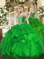 Modest Sleeveless Organza Floor Length Lace Up Quinceanera Gowns in Green with Beading and Ruffles