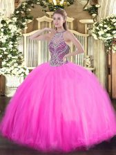  Rose Pink Lace Up Quinceanera Dress Beading Sleeveless Floor Length