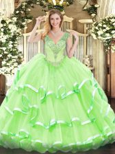  Sleeveless Floor Length Beading and Ruffled Layers Lace Up Quinceanera Dress