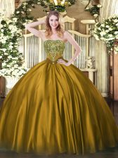 Glamorous Brown Lace Up Strapless Beading 15 Quinceanera Dress Satin Sleeveless