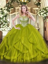 Beautiful Olive Green Ball Gowns Scoop Sleeveless Tulle Floor Length Lace Up Beading Quince Ball Gowns