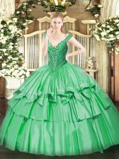 Artistic Green Organza and Taffeta Lace Up 15th Birthday Dress Sleeveless Floor Length Beading and Ruffled Layers