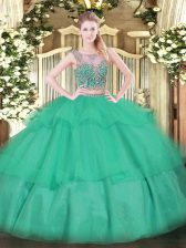  Turquoise Sleeveless Tulle Lace Up Quinceanera Dresses for Military Ball and Sweet 16 and Quinceanera