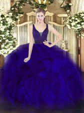  Floor Length Blue Ball Gown Prom Dress Organza Sleeveless Beading and Ruffles