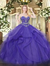 Ideal Purple Lace Up Sweetheart Beading and Ruffles Quinceanera Gown Tulle Sleeveless