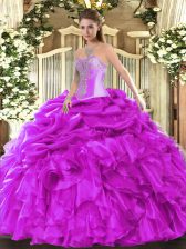  Organza Sweetheart Sleeveless Lace Up Beading and Ruffles and Pick Ups Sweet 16 Quinceanera Dress in Fuchsia