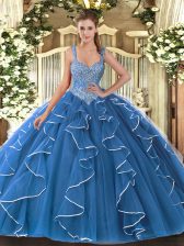 Spectacular Blue V-neck Lace Up Beading and Ruffles Quince Ball Gowns Sleeveless