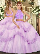  Floor Length Criss Cross Quinceanera Gown Lavender for Military Ball and Sweet 16 and Quinceanera and Wedding Party with Beading and Lace and Ruffles