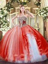 Excellent Coral Red Sleeveless Tulle Lace Up Vestidos de Quinceanera for Military Ball and Sweet 16 and Quinceanera
