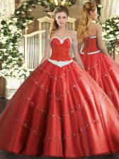  Floor Length Lace Up Quince Ball Gowns Coral Red for Military Ball and Sweet 16 and Quinceanera with Appliques