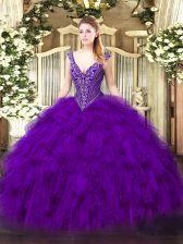 Elegant Purple Sleeveless Organza Lace Up Ball Gown Prom Dress for Military Ball and Sweet 16 and Quinceanera