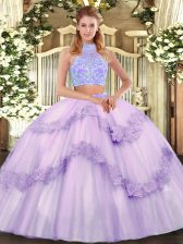 Hot Selling Tulle Halter Top Sleeveless Lace Up Beading and Appliques and Ruffles Sweet 16 Dresses in Lavender