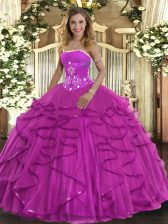 Noble Strapless Sleeveless Lace Up Quinceanera Gowns Fuchsia Tulle