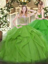  Sleeveless Lace Up Floor Length Beading and Ruffles Ball Gown Prom Dress