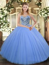  Baby Blue Ball Gowns Beading Quinceanera Gown Lace Up Tulle Sleeveless Floor Length
