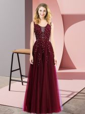 Wonderful Burgundy Sleeveless Beading and Appliques Floor Length Prom Party Dress