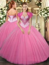 Fabulous Beading Sweet 16 Dresses Rose Pink Lace Up Sleeveless Floor Length
