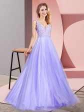  Lavender A-line Lace Prom Dresses Zipper Tulle Sleeveless Floor Length