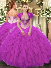 Most Popular Sweetheart Sleeveless Ball Gown Prom Dress Floor Length Beading and Ruffles Fuchsia Organza
