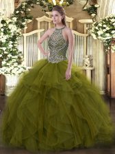  Ball Gowns Quinceanera Gowns Olive Green Halter Top Organza Sleeveless Floor Length Lace Up