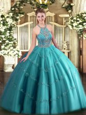  Teal Sweet 16 Dress Military Ball and Sweet 16 and Quinceanera with Beading and Appliques Halter Top Sleeveless Lace Up