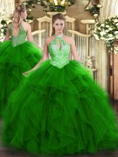  Green Sweet 16 Dress Military Ball and Sweet 16 and Quinceanera with Ruffles and Sequins Halter Top Sleeveless Lace Up