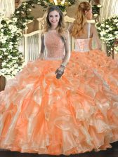  Orange Red Organza Lace Up High-neck Sleeveless Floor Length Quince Ball Gowns Beading and Ruffles