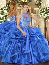 Sweet Organza Halter Top Sleeveless Lace Up Beading and Embroidery and Ruffles Quince Ball Gowns in Blue