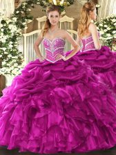  Sweetheart Sleeveless Vestidos de Quinceanera Floor Length Beading and Ruffles and Pick Ups Fuchsia Organza