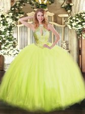  Tulle Sleeveless Floor Length Quinceanera Gowns and Beading