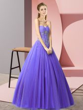  Lavender Tulle Lace Up Prom Dresses Sleeveless Floor Length Beading