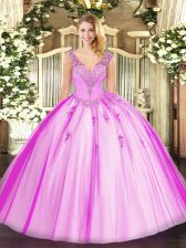Affordable Tulle V-neck Sleeveless Lace Up Beading 15th Birthday Dress in Lilac
